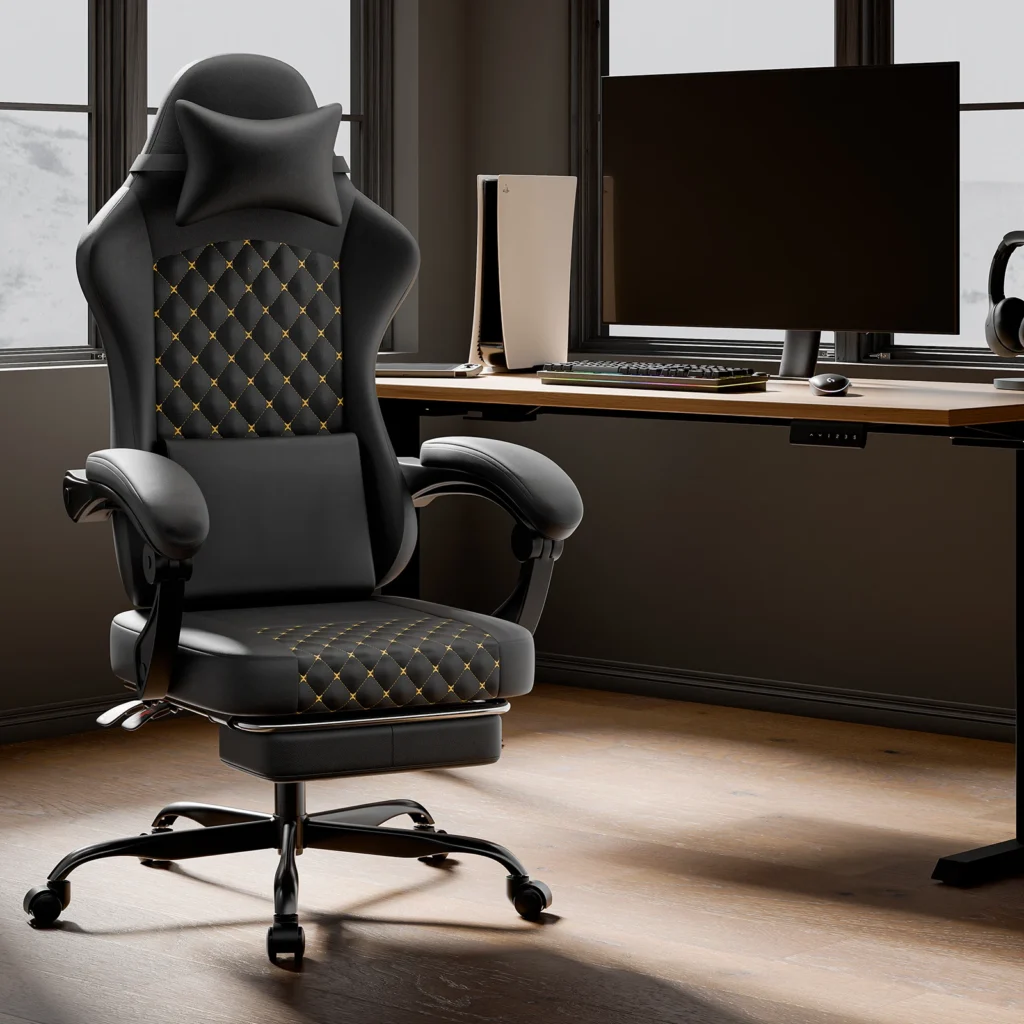 Czarne krzesło gamingowe PCV z masażem i podnóżkiem, ergonomiczne, obrotowe, udźwig 150 kg