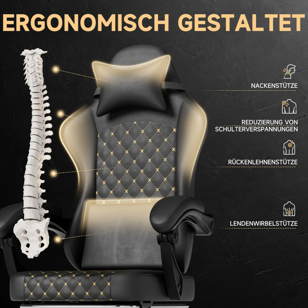 Czarne krzesło gamingowe PCV z masażem i podnóżkiem, ergonomiczne, obrotowe, udźwig 150 kg