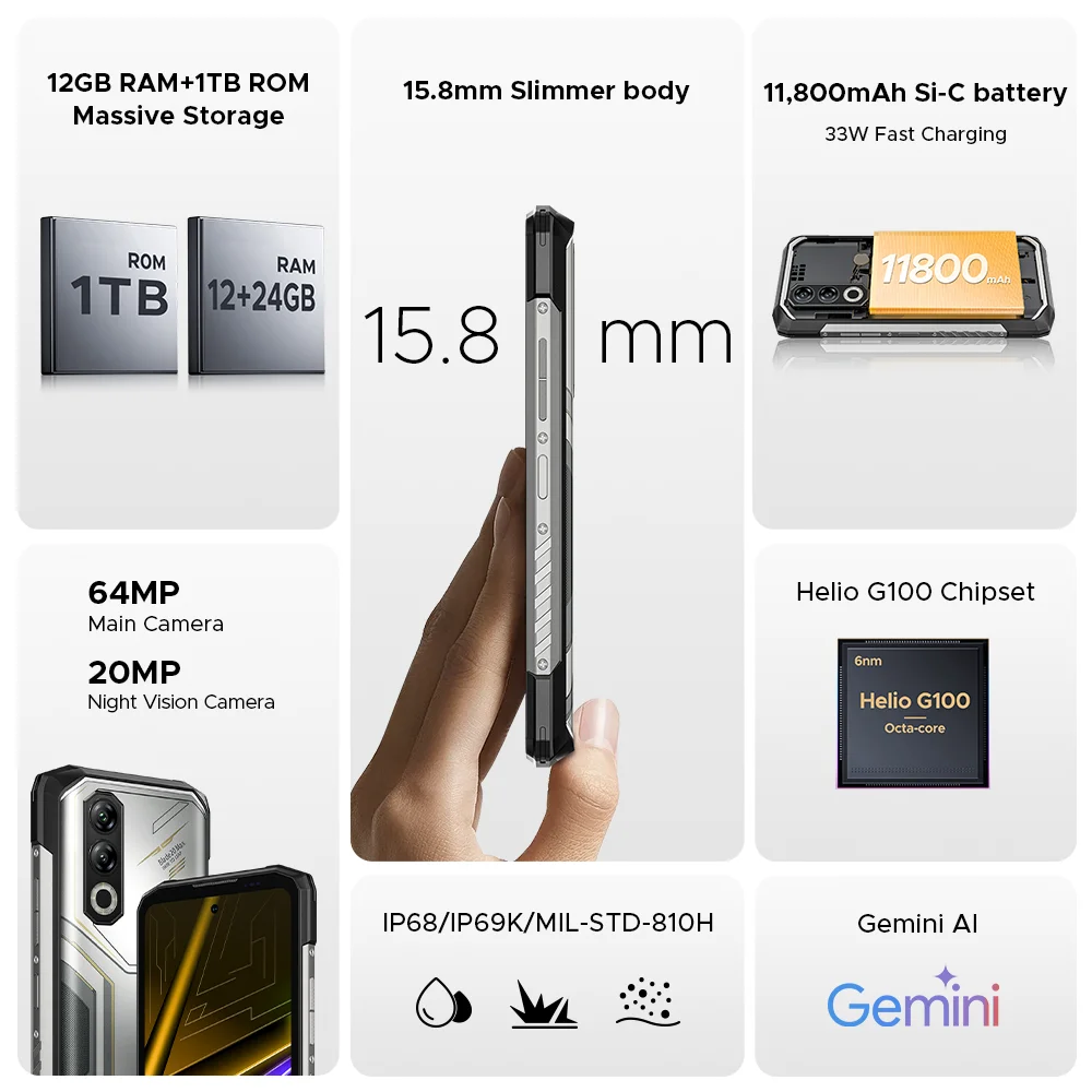 DOOGEE Blade20 Max Wytrzymały Telefon 36GB (12GB+24GB) RAM 1TB ROM 6,6” Ekran 11800mAh Bateria 64MP Kamera AI Android 15