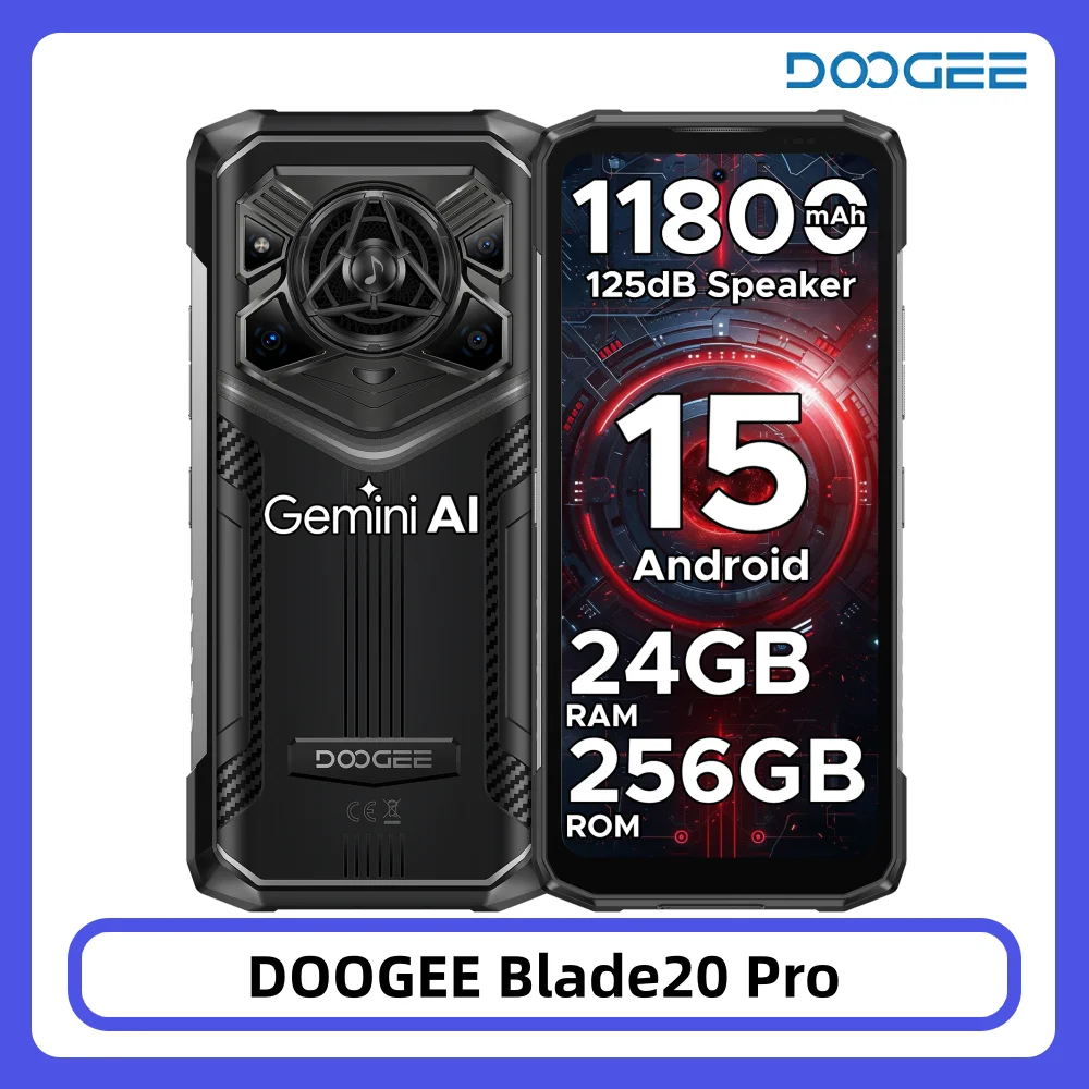 DOOGEE Blade20 Pro Wytrzymały Telefon 24GB+256GB Głośnik 125dB Gemini AI Bateria 11800mAh Ekran 6,6” 50MP Android 15 NFC