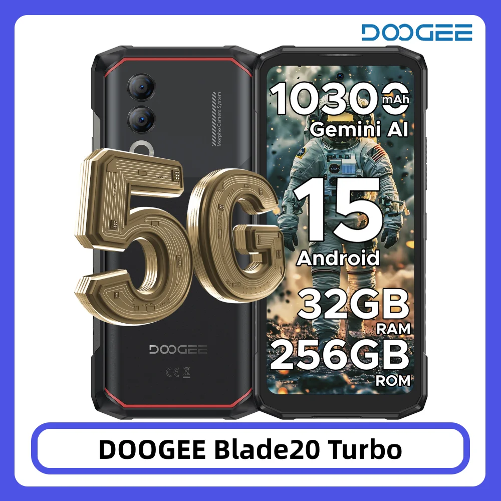 DOOGEE Blade20 Turbo 5G Wytrzymały Telefon 32GB/256GB 6,6” HD+ Dimensity 7050 Android 15 Gemini AI Bateria 10300mAh NFC Smartphone