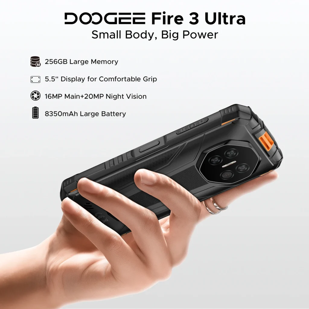 DOOGEE Fire 3 Ultra Wytrzymały telefon komórkowy z ekranem HD+ 5,5 cala, 24 GB RAM, 256 GB pamięci, baterią 8350 mAh, procesorem UNISOC T7200, kamerami 16 MP + 20 MP, NFC i systemem Android 15.