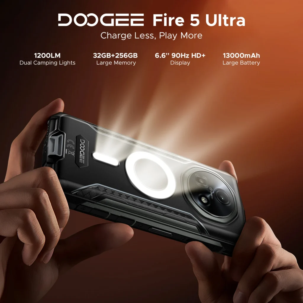 DOOGEE Fire 5 Ultra Wytrzymały Telefon 32GB 256GB Bateria 13000mAh Helio G81 6.6” Kamera 48MP Latarka Kempingowa NFC Android 15 Smartfon