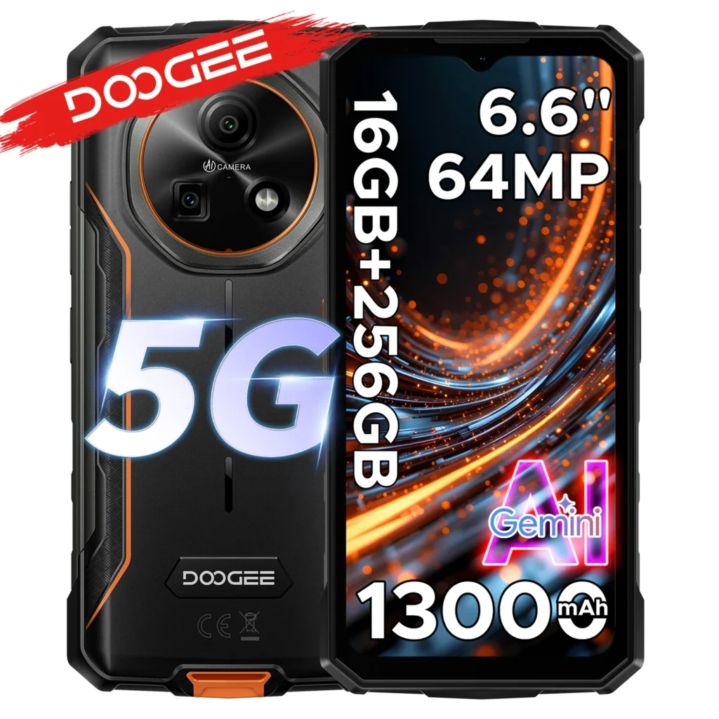 DOOGEE Fire 7 5G – Wzmocniony telefon z Gemini AI, 16GB RAM (4+12), 256GB pamięci, bateria 13000mAh, Dimensity 6300, NFC, Android 15, aparat 64MP