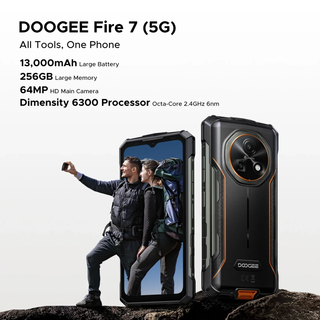 DOOGEE Fire 7 5G – Wzmocniony telefon z Gemini AI, 16GB RAM (4+12), 256GB pamięci, bateria 13000mAh, Dimensity 6300, NFC, Android 15, aparat 64MP