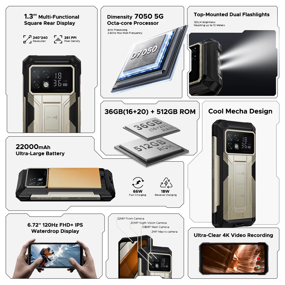 DOOGEE S200 Max 5G Wytrzymały Telefon 1.32” Wyświetlacz na Tył Podwójna Latarka 22000mAh Bateria 66W 6.72” 120Hz 16GB 512GB Smartfon