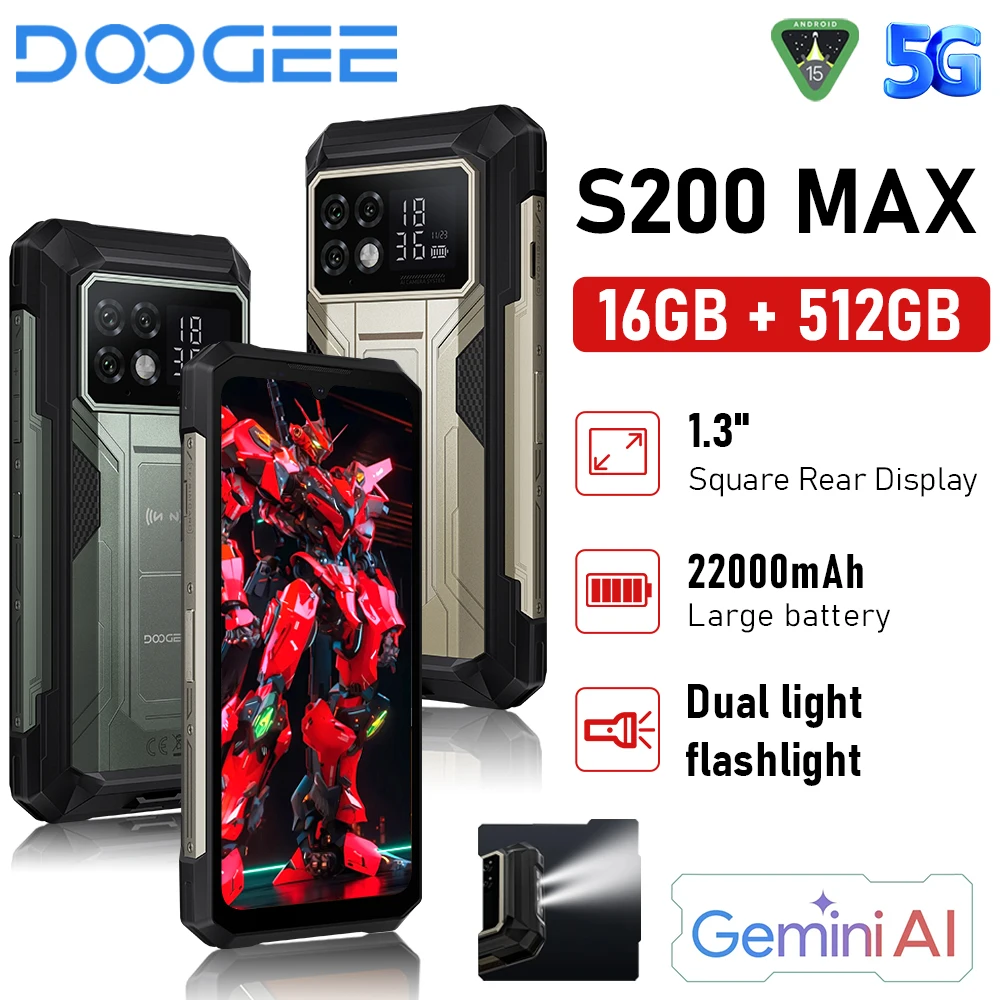 DOOGEE S200 Max Wytrzymały telefon 6,72” 120 Hz 1,32” Wyświetlacz tylny Telefon przenośny 36 GB + 512 GB 22000 mAh 66 W Smartfon Android 15 NFC