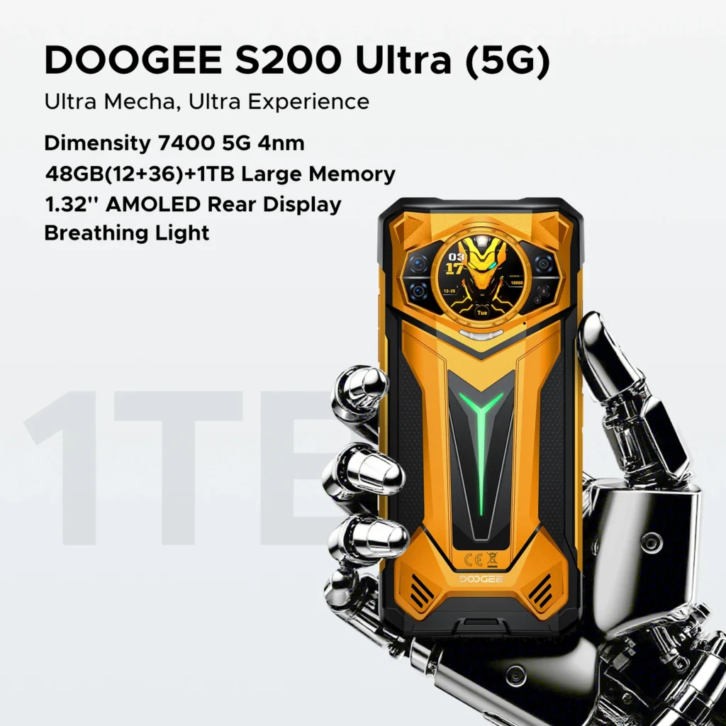 DOOGEE S200 Ultra 5G Wytrzymały Telefon 48GB+1TB 6.72” Wyświetlacz 120Hz Bateria 11000mAh 66W NFC Dimensity 7400 Android 15 Smartfon