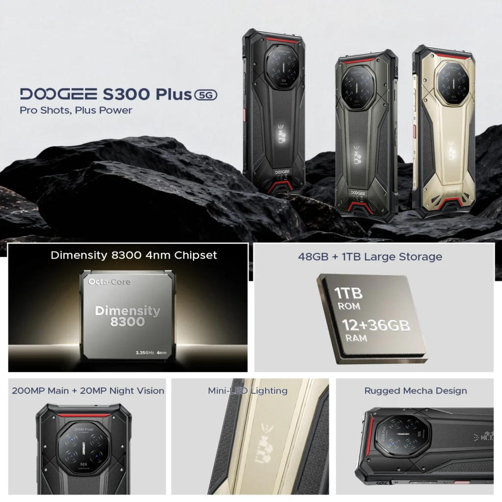 DOOGEE S300 Plus Wytrzymały Telefon Komórkowy 48GB+1TB Dimensity 8300 Bateria 11000mAh 120W 6.78” FHD+120Hz Aparat 200MP Android16 Smartfon