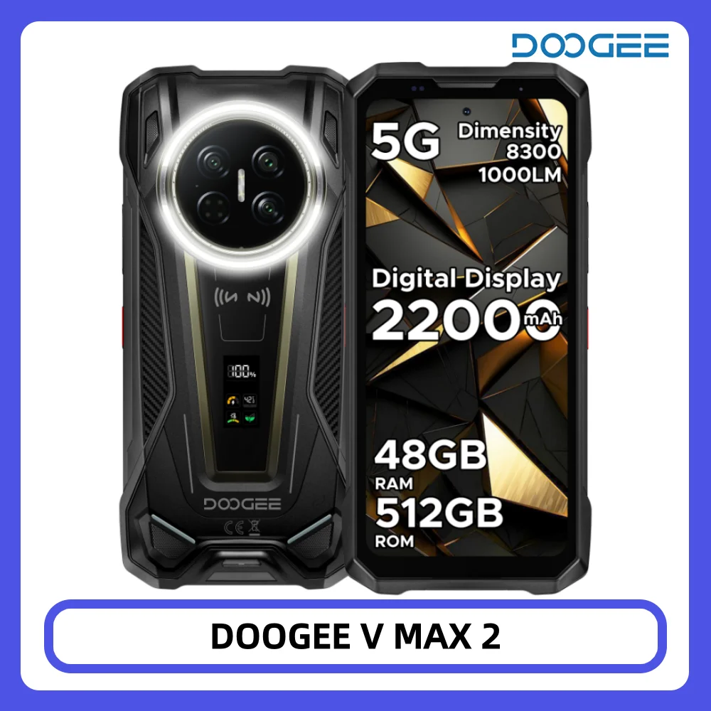 DOOGEE V Max 2 Wytrzymały Telefon 6.78” FHD+ 120Hz 22000mAh/120W 48GB+512GB Dimensity 8300 200MP+20MP Noktowizor Latarka Kempingowa Android16 Smartfon