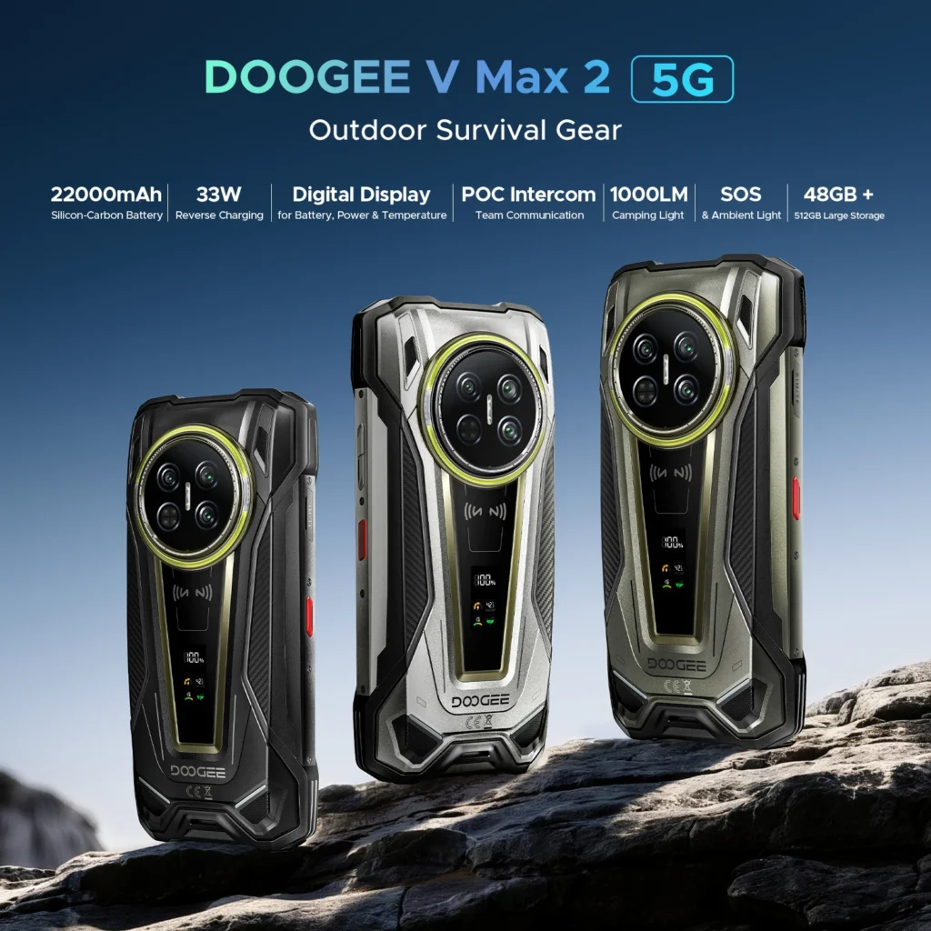 DOOGEE V Max 2 Wytrzymały Telefon 6.78” FHD+ 120Hz 22000mAh/120W 48GB+512GB Dimensity 8300 200MP+20MP Noktowizor Latarka Kempingowa Android16 Smartfon
