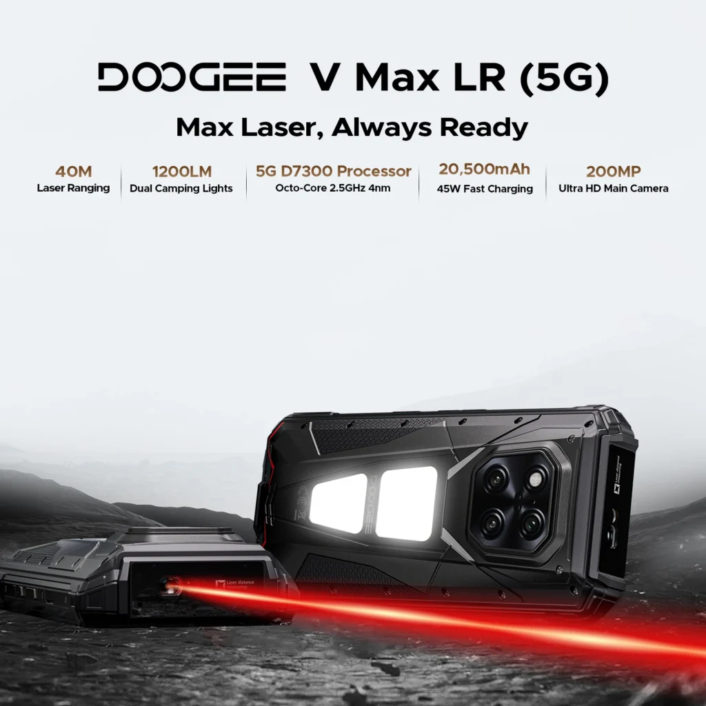 DOOGEE V Max LR 5G Wytrzymały Telefon z Laserowym Dalmierzem, Podwójnymi Latarkami Kempingowymi, 16GB RAM, 512GB ROM, Ekran 6.78”, Bateria 20500mAh, Smartfon