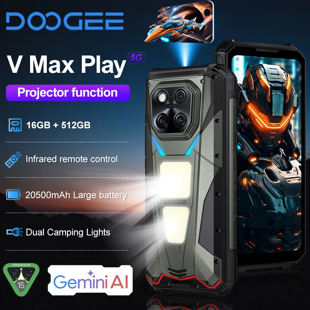 DOOGEE V Max Play Projektor Wytrzymały Telefon 16 GB + 512 GB 20500 mAh 200 MP Smartfon 5G 6,78