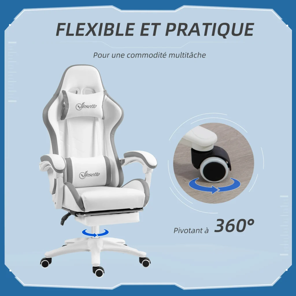 Ergonomiczne krzesło gamingowe białe 65x65x121-129 cm, oparcie 135°, regulowane z podparciem lędźwiowym