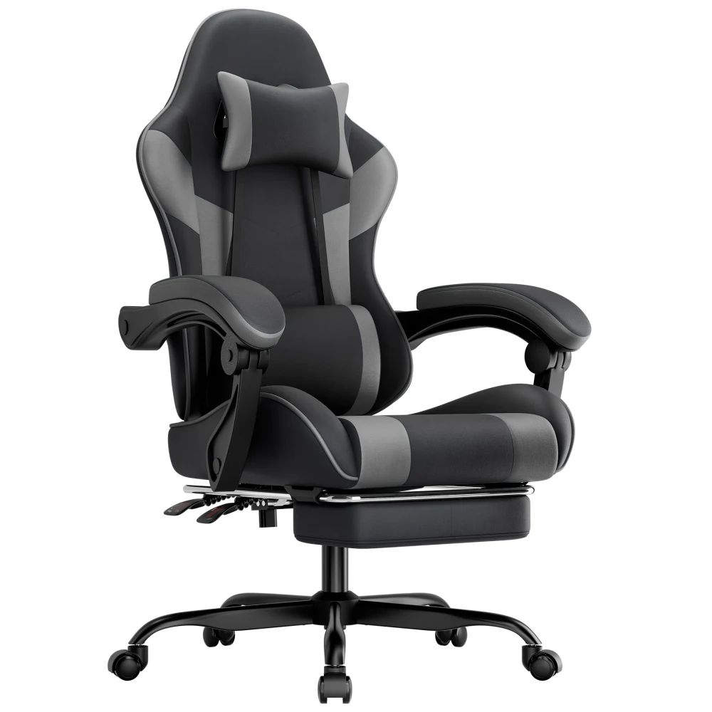 Ergonomiczne krzesło gamingowe z podparciem lędźwiowym, skóra PU, udźwig 200 kg, regulowana wysokość, czarno-szare