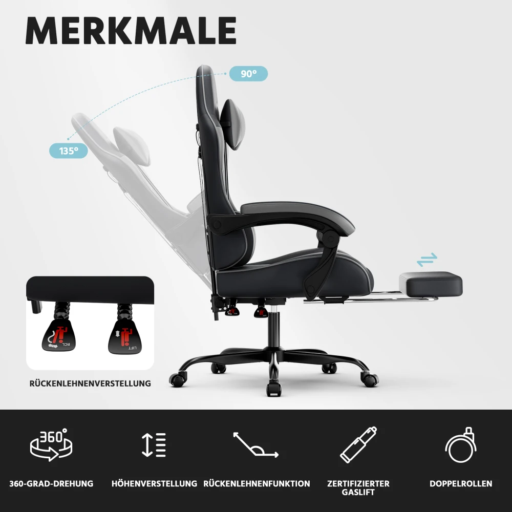 Ergonomiczne krzesło gamingowe z podparciem lędźwiowym, skóra PU, udźwig 200 kg, regulowana wysokość, czarno-szare