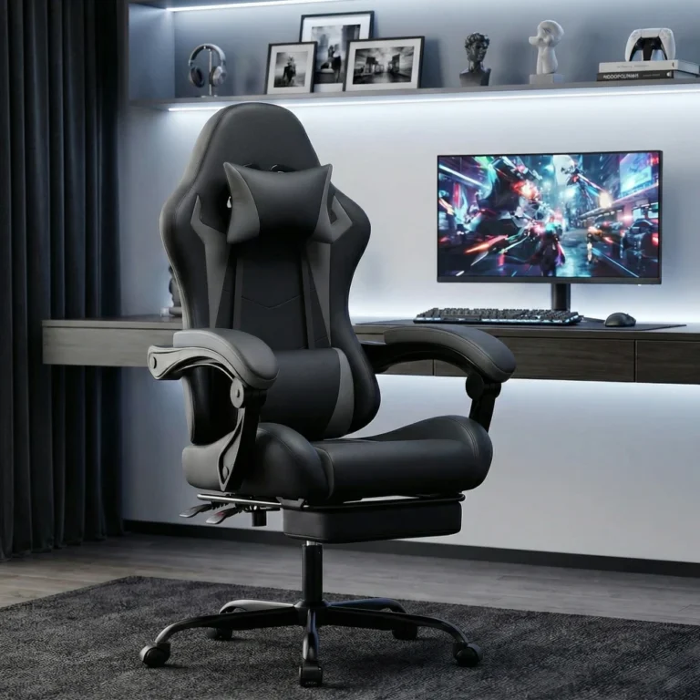 Ergonomiczne krzesło gamingowe z poduszką lędźwiową i zagłówkiem, regulacja wysokości, czarno-szare - zdjęcie 1