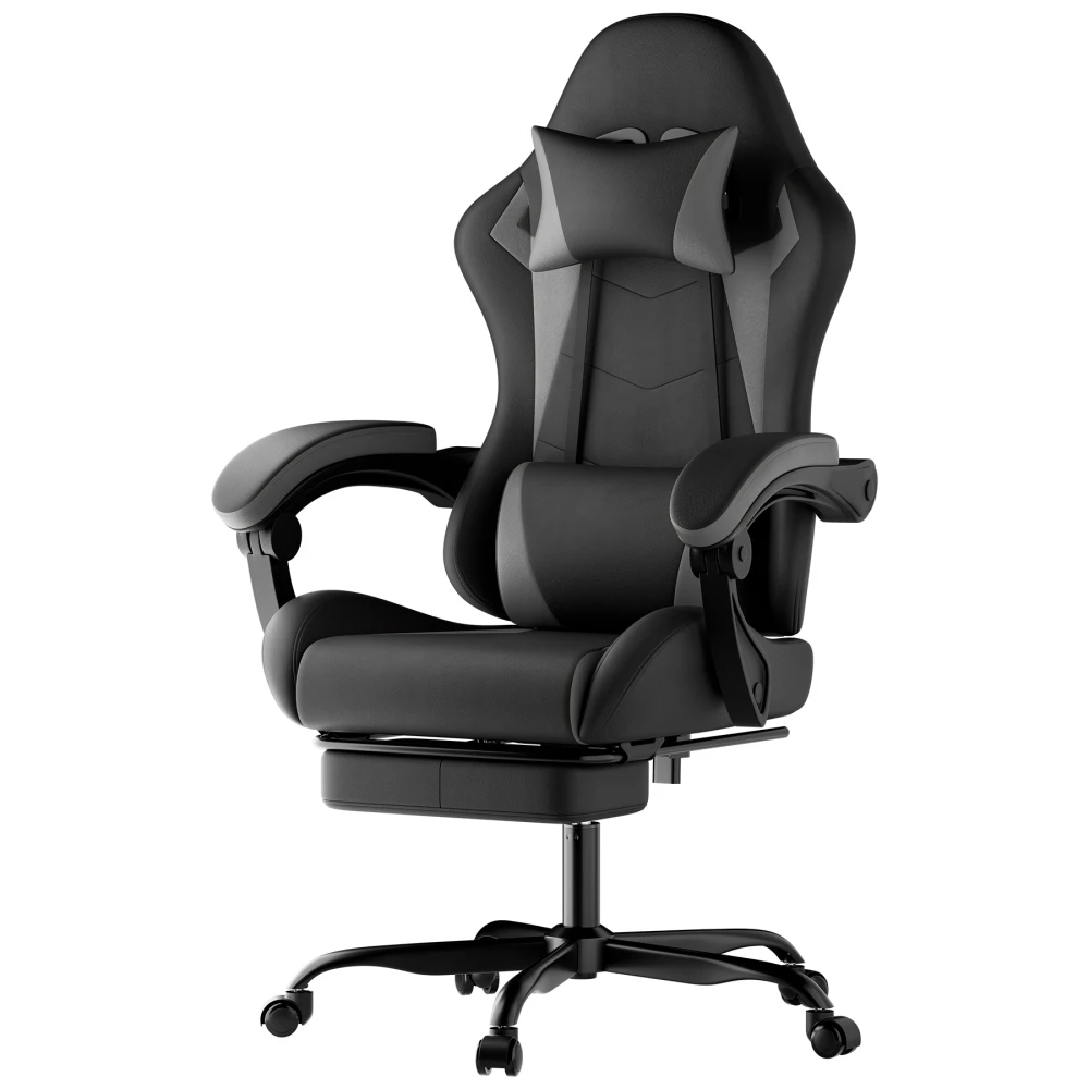 Ergonomiczne krzesło gamingowe z poduszką lędźwiową i zagłówkiem, regulacja wysokości, czarno-szare