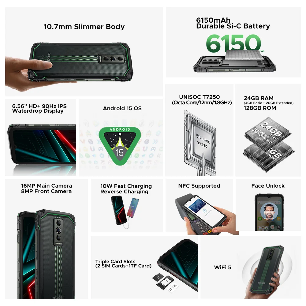 Globalna Wersja DOOGEE Blade10 Wytrzymały Telefon Energooszczędny Ultracienki Android 15 Bateria 6150mAh Ekran 6.56” Widevine L1 Smartfon