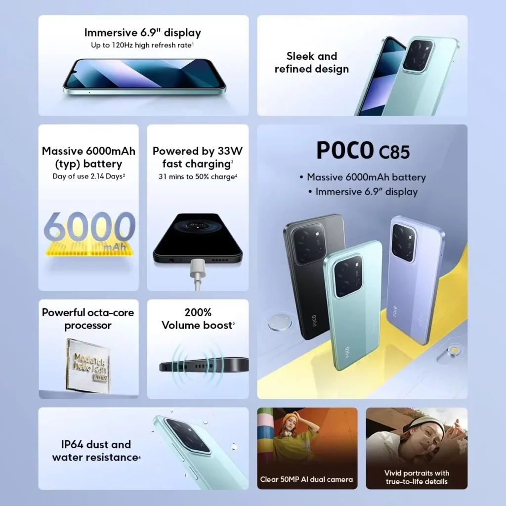 Globalna wersja smartfona POCO C85, Al Dual Camera, 6.9-calowy wyświetl…