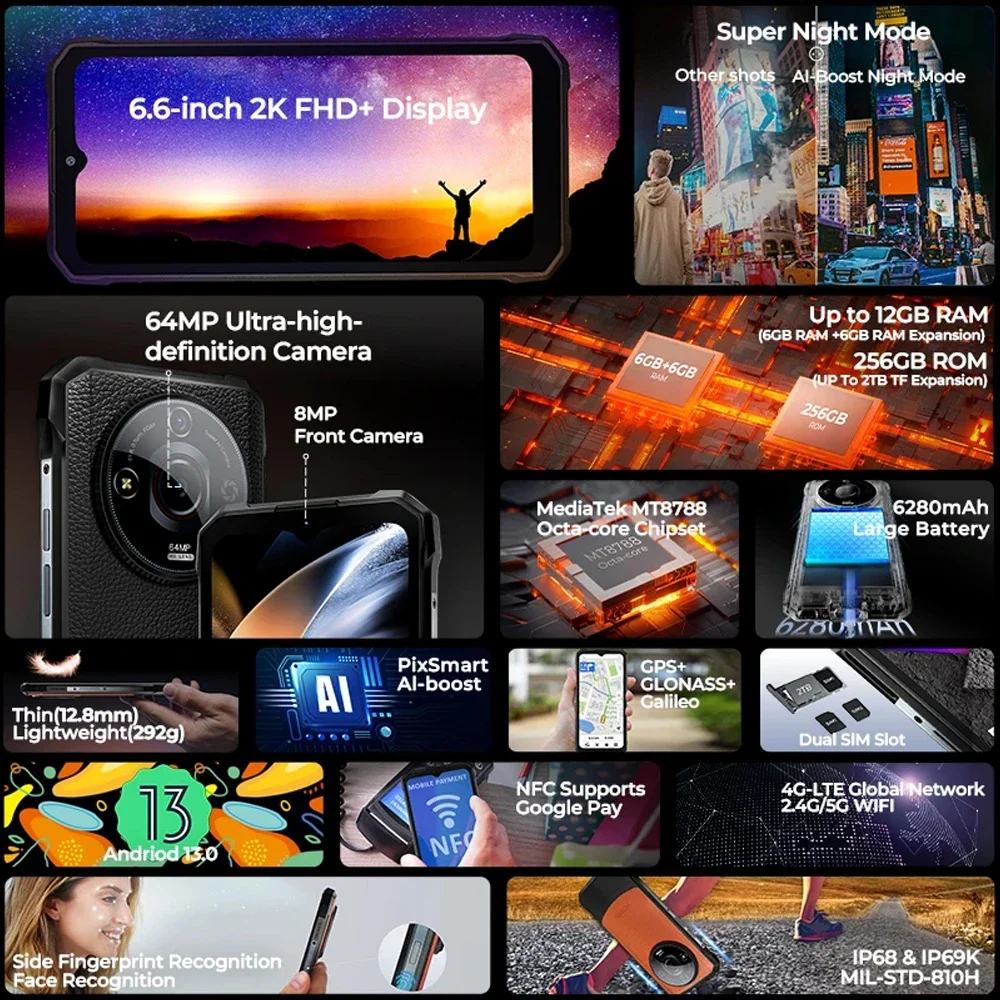 HOTWAV T7 Pro wytrzymały smartfon Android 13 6. Cal FHD + 12(6 + 6)GB t…
