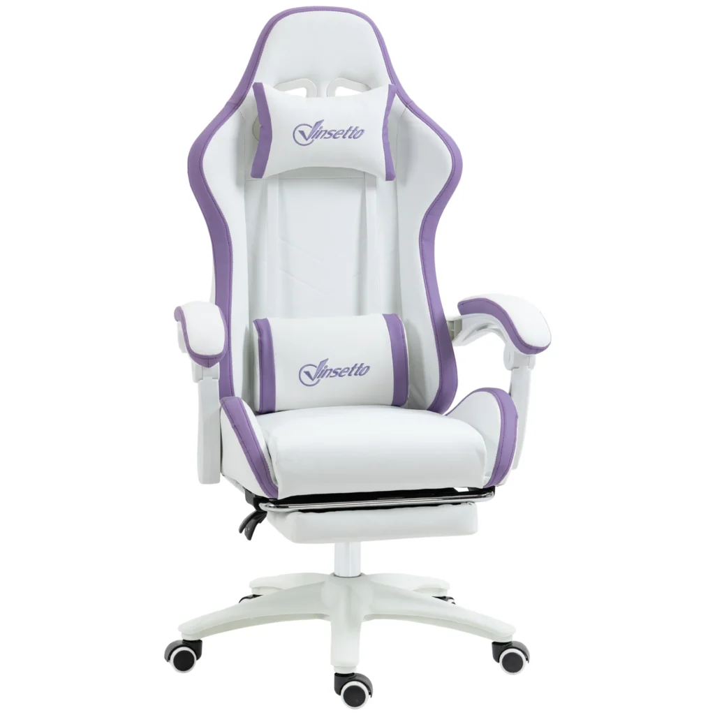 Krzesło gamingowe skórzane PU z regulacją wysokości, rozkładane 135°, z podpórką pod głowę i podnóżkiem 65x65x121-129 cm białe