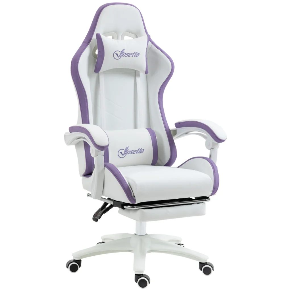 Krzesło gamingowe skórzane PU z regulacją wysokości, rozkładane 135°, z podpórką pod głowę i podnóżkiem 65x65x121-129 cm białe