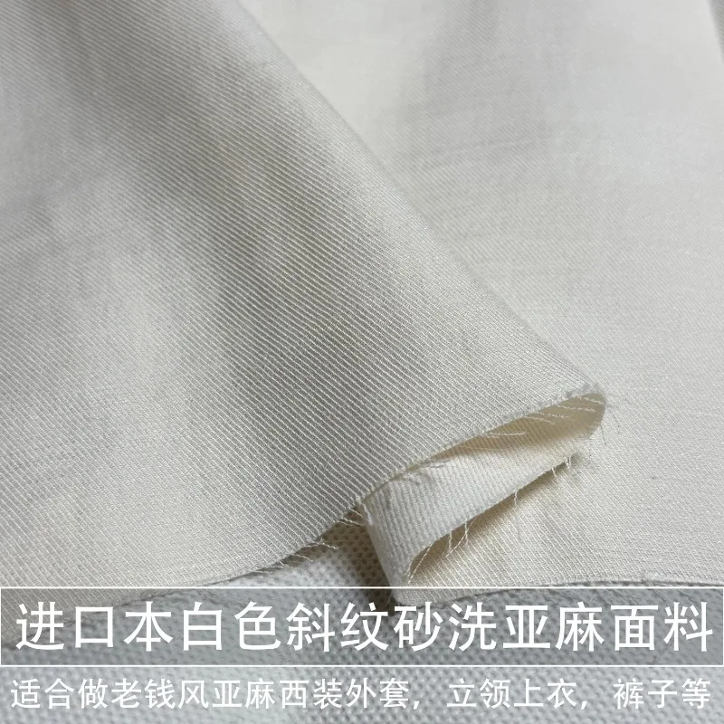 1 metr kremowobiałego lnu twill w odcieniu skórzanym, idealnego na marynarkę, spodnie casualowe, materiał obcisły