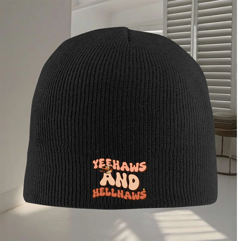 1 szt. Zabawna czapka beanie w stylu western z napisem Yeehaw Hellaws, ciepła czarna dzianinowa czapka typu skull cap dla kobiet i mężczyzn, możliwość prania ręcznego, nadruk, rozmiar uniwersalny