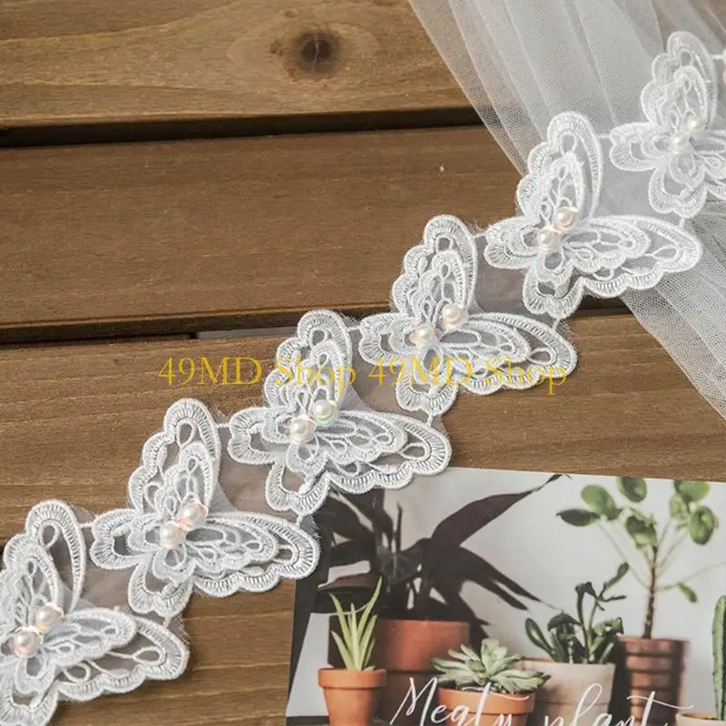 49MD 1 stocznia Bowknot dla motyla haftowana koronkowa wstążka wykończeniowa imitacja perły aplikacja z koralikami DIY ślubne