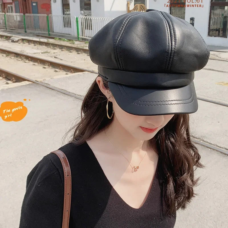 Anglia Styl Wiosna Prawdziwa Skórzana Czapka Dla Kobiet Malarz Czapka Ośmiokątny Vintage Beret Kobiecy Brązowy Kapelusz Boinas