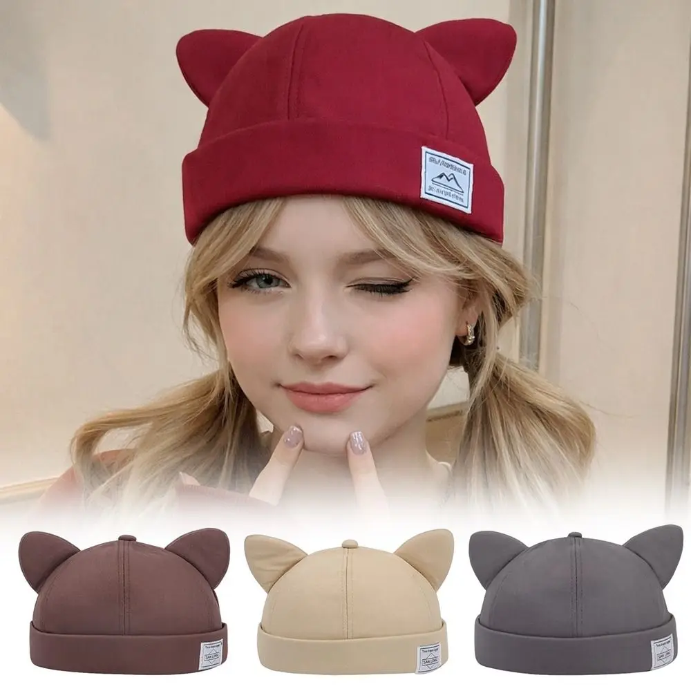 Bawełniana czapka typu landlord z kocimi uszami, regulowana, jednokolorowa, bezdaszkowa czapka beanie, czapka hip-hopowa docker, na zewnątrz