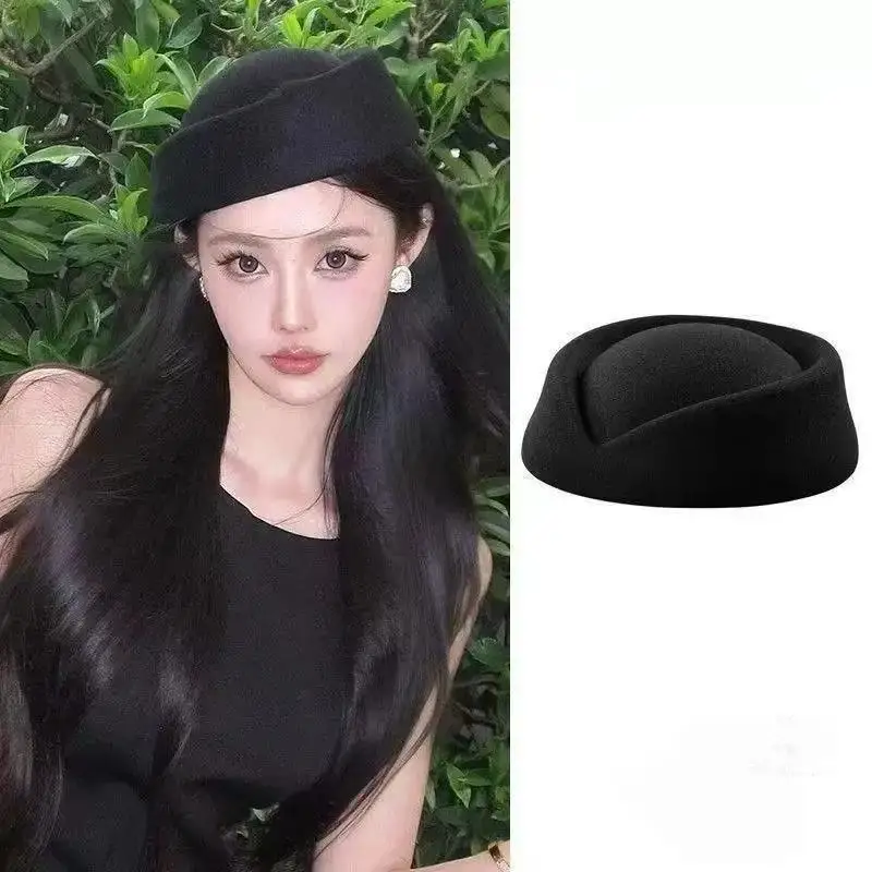 Beret Czapka Kapelusz Stewardesa Lotnicza Vintage Czarny Kapelusz z Płaskim Wierzchem Spinka do Włosów Akcesoria do Włosów