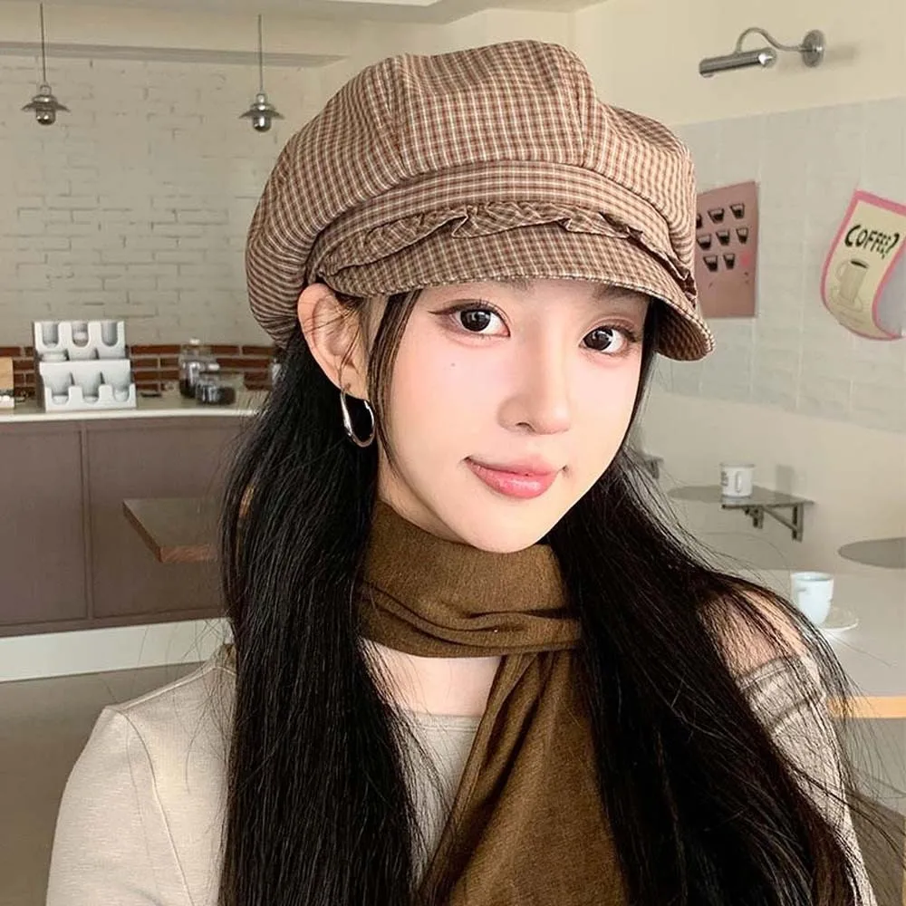 Beret w jednolitym kolorze z drobną kratką, duży obwód głowy, styl koreański, falbanka, ośmiokątny kapelusz, ochrona przeciwsłoneczna, uniwersalny, wiosenny, czapka malarska Beret w jednolitym kolorze z drobną kratką, duży obwód głowy, styl koreański, falbanka, ośmiokątny kapelusz, ochrona przeciwsłoneczna, uniwersalny, wiosenny, czapka malarska