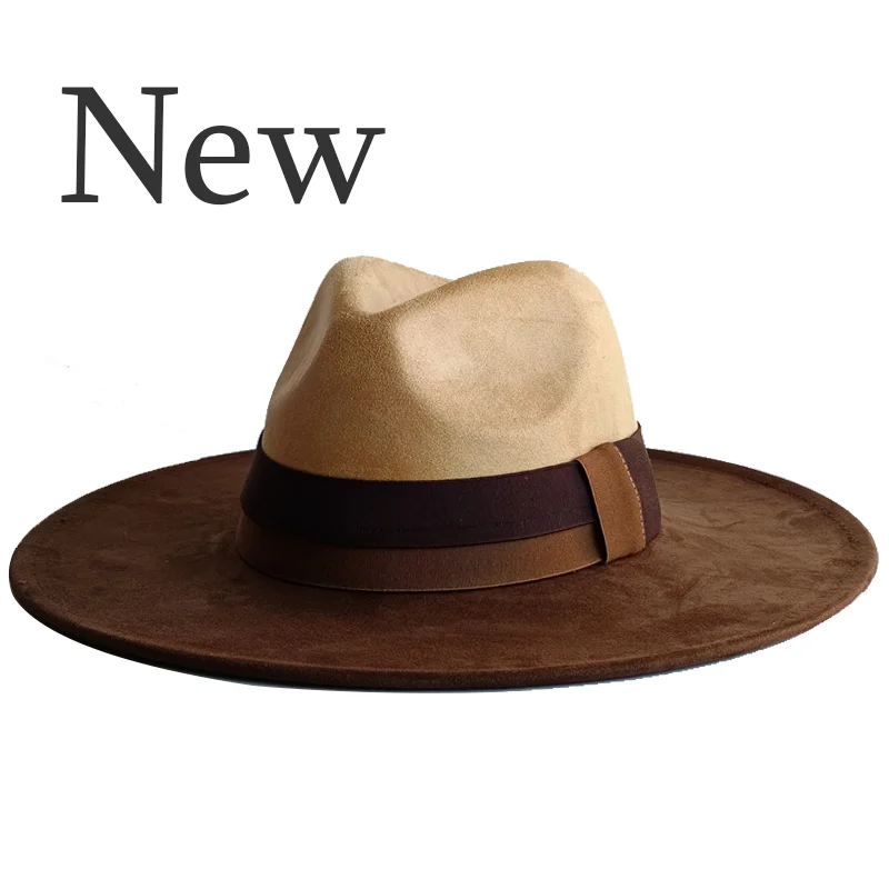 Brązowo-kamelowy patchworkowy kapelusz z zamszu, jesienno-zimowy damski kapelusz filcowy z szerokim rondem 10 cm, retro męski kapelusz, gorras hombre