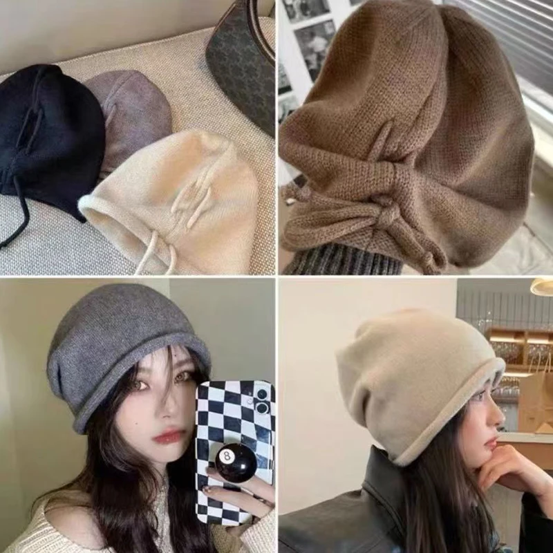 Ciepła, dzianinowa, luźna czapka beanie damska męska ze sznurkiem, zwiewna czapka wełniana, zimowa, wiosenna, miękka czapka typu skullcap, wiatroodporna czapka na zewnątrz