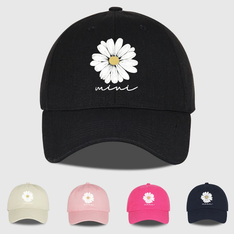 Czapka baseballowa z nadrukiem mini stokrotek dla kobiet i mężczyzn: minimalistyczny styl z napisem „mini”, regulowana czapka typu „dad cap”, codzienna czapka przeciwsłoneczna