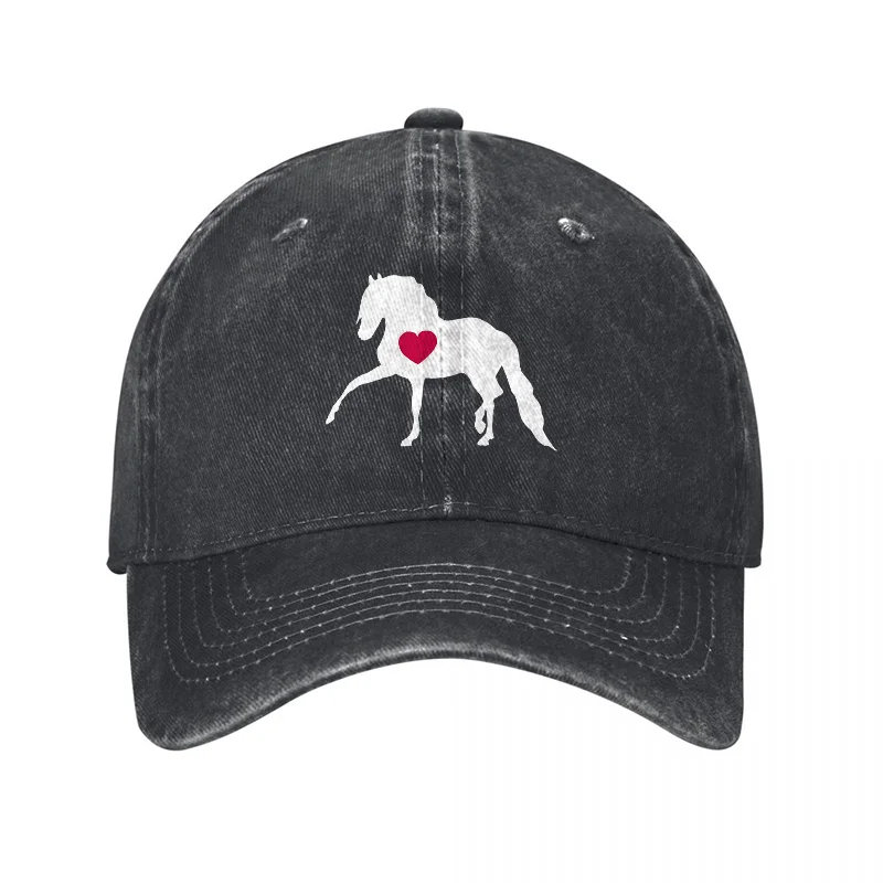 Czapka baseballowa z płótna z efektem sprania, z haftowanym koniem i sercem, klasyczna czarna czapka typu dad hat, unisex, modny dodatek streetwearowy