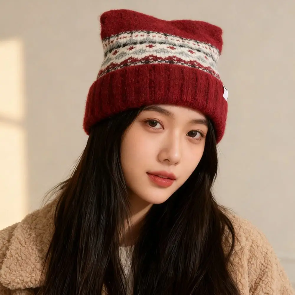 Czapka dziergana w stylu retro Fair Isle, żakardowa, ocieplana polarem, z uszkami kota, urocza czapka beanie z koreańskim nadrukiem dla dziewcząt