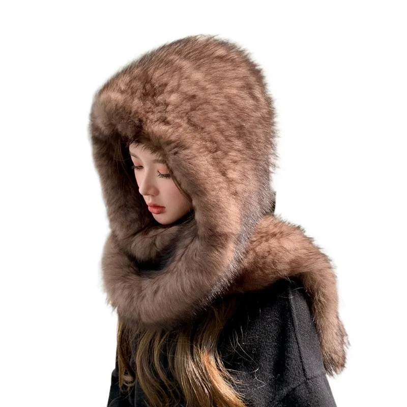 Czapka śnieżna z futra lisa, czapka z szalikiem, zintegrowana czapka, ciepła i zaawansowana dwustronna, pogrubiona pluszowa czapka chroniąca uszy Czapka śnieżna z futra lisa, czapka z szalikiem, zintegrowana czapka, ciepła i zaawansowana dwustronna, pogrubiona pluszowa czapka chroniąca uszy