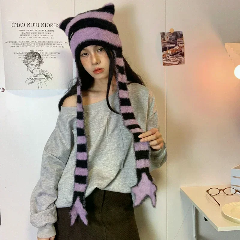 Czapka w stylu Y2K, hot girl, sweet cool, czapka z gwiazdą, czapka w paski, pluszowa czapka dziergana
