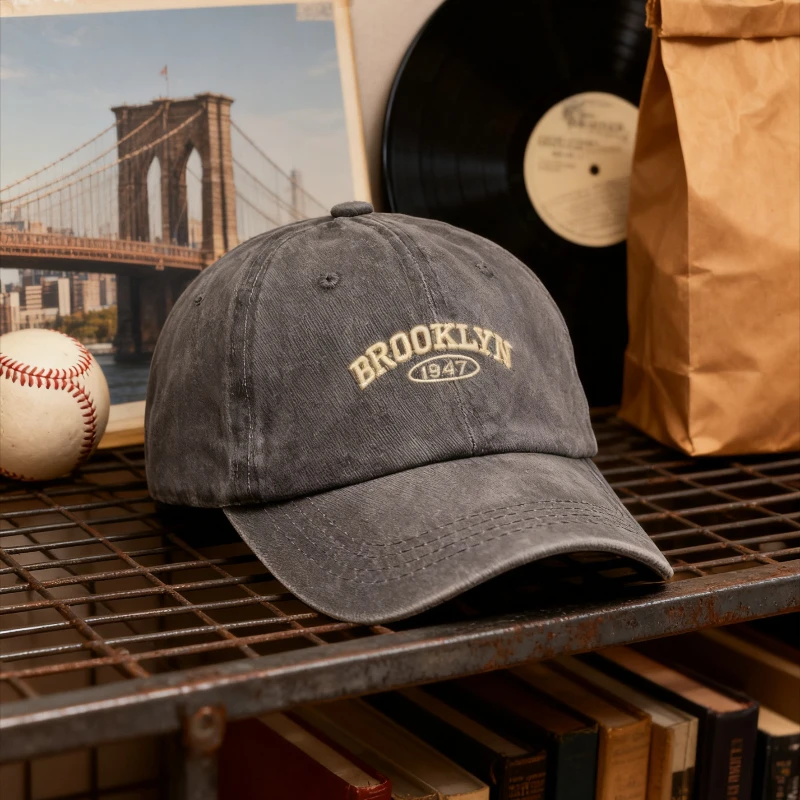 Czapka z daszkiem Dad Cap Retro z haftowanymi literami, streetwearowa, na zewnątrz, chroniąca przed słońcem, bawełniana, sprana, bejsbolówka męska damska vintage Brooklyn z regulacją