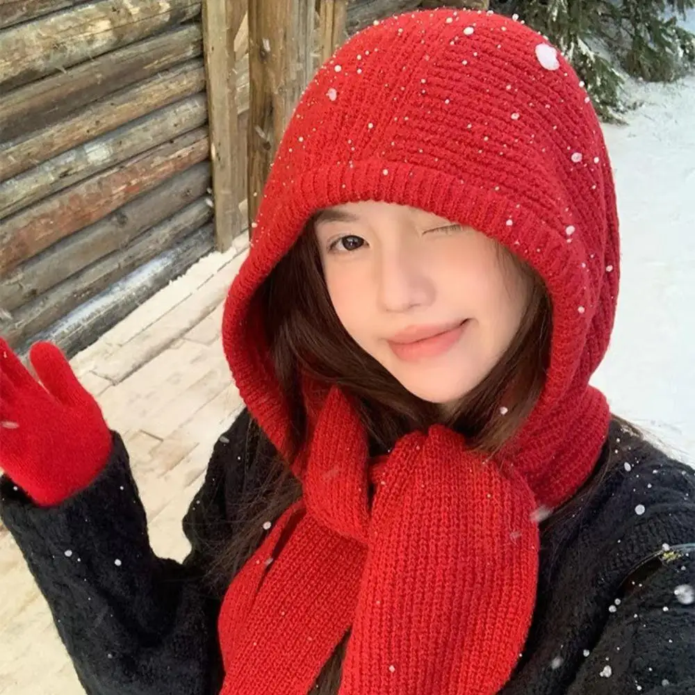 Czapka z dzianiny typu beanie dla kobiet, zimowa, ciepła, zintegrowana czapka z kapturem, szalik, czapka narciarska, czapka na zimno, kominiarka, czapka typu bonnet