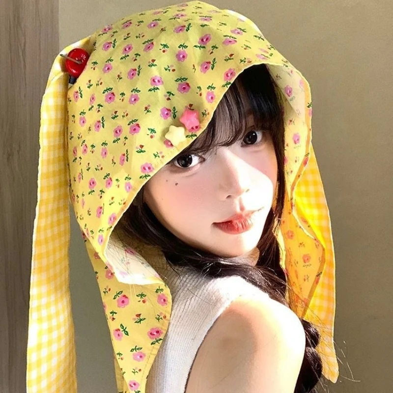 Czapka z kapturem z uszami królika w kwiaty w stylu Y2K, szalik, kawaii, w kratę, wiatroodporna czapka typu bonnet dla kobiet i dziewcząt, streetwear, na co dzień, na imprezę
