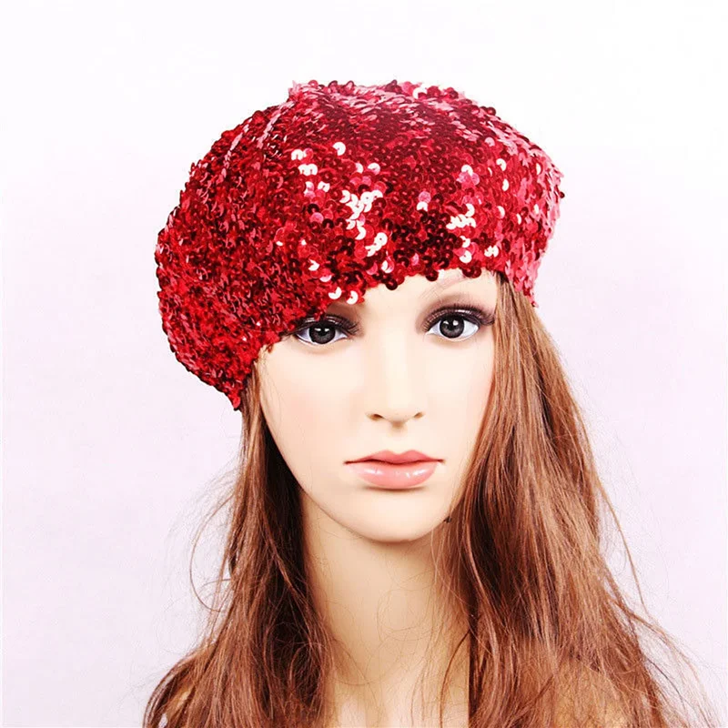 Damska czapka z brokatem Cekinowy błyszczący beret Karnawałowa impreza Klubowa czapka taneczna Szykowny retro zwykły beret Cekinowy beret