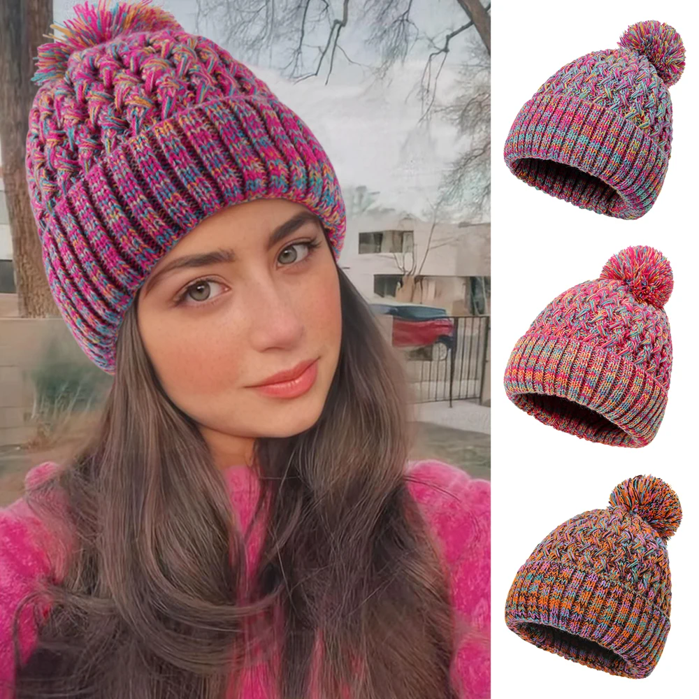 Damska jednowarstwowa czapka dziergana z kolorowym pomponem, zimowa czapka ocieplająca głowę, czapka beanie z wzorem ananasa i pomponem. ‌