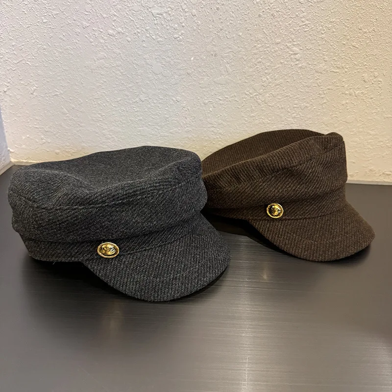 Damski Wełniany Beret Gazeciarza Vintage Złoty Guzik Ośmiokątny Wzór Zimowy Ciepły Dodatek Modny Stylowy Strój Codzienny Użytek ​