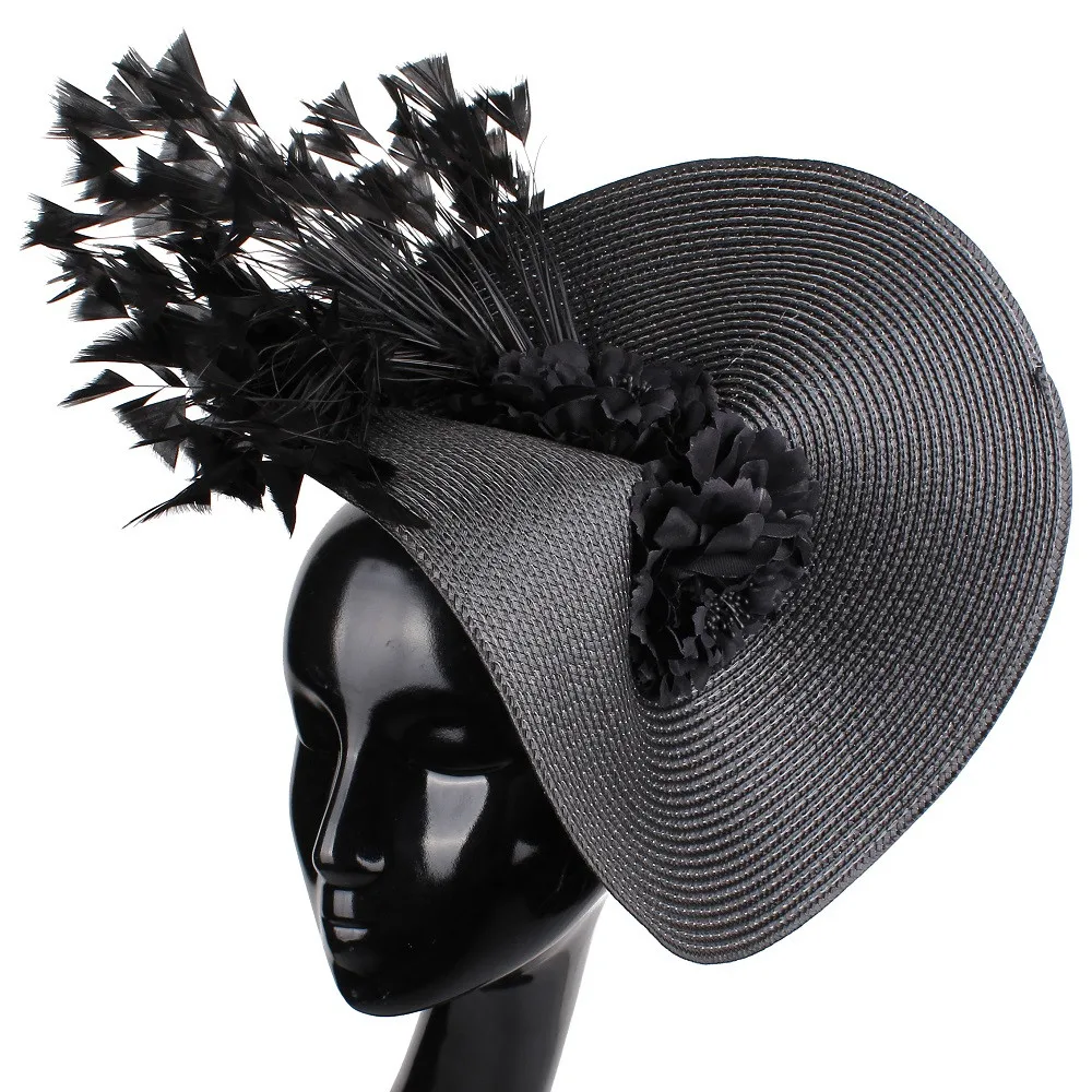 Damskie czarne fascynatory Millinery kapelusz imprezowy słomkowy kapelusz weselny Fedora z szerokim rondem Kentucky Derby nakrycie głowy cerkiewne akcesoria do włosów