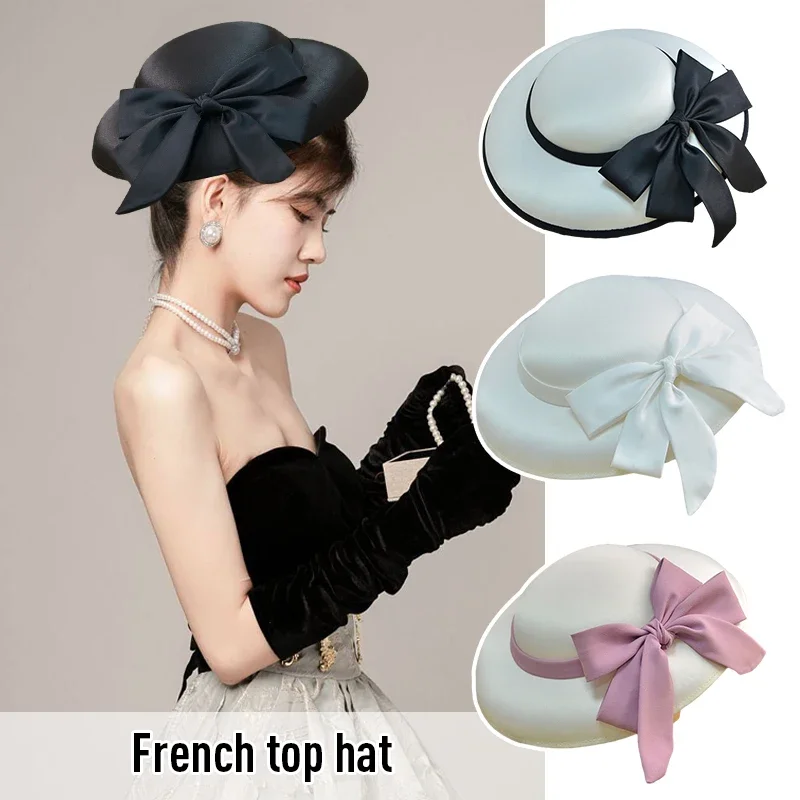 Damskie eleganckie kapelusze typu bucket hat w stylu francuskim, retro klasyczne kapelusze ślubne z kokardą, nakrycia głowy, kapelusze fedora, kapelusze na przyjęcia, kapelusze do kościoła