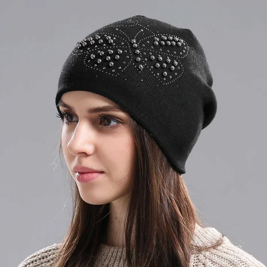 Damskie zimowe czapki wełniane dziergane czapki typu beanie grube ciepłe dwuwarstwowe modne czapki skull cap
